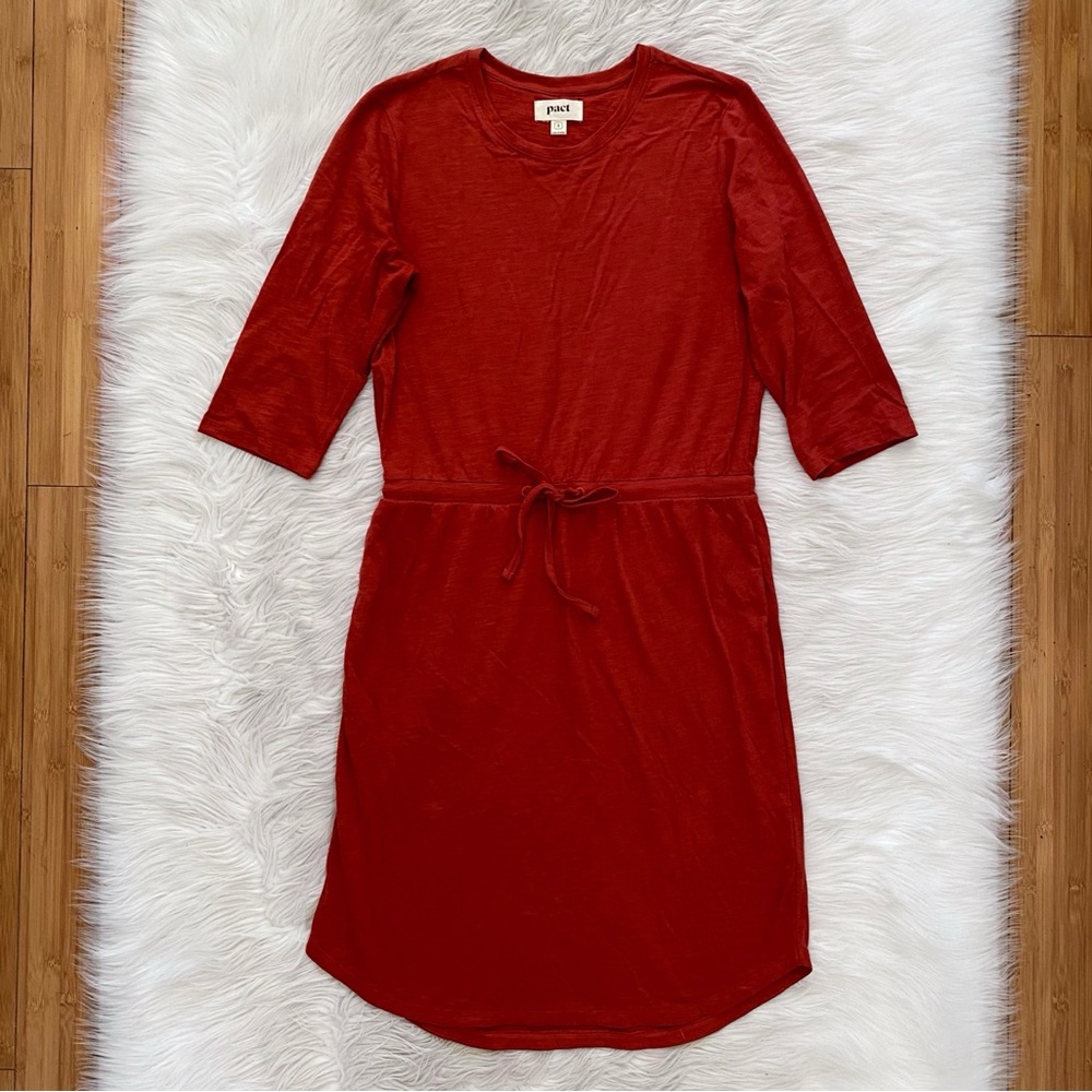 Pact Burnt Orange Rust Organic Cotton Cinched Tie Waist Slub Tandoori Dress